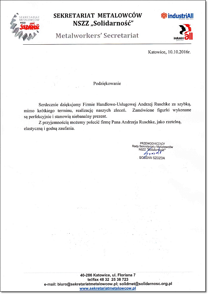 Referencje NSZZ Solidarno�� Metalowc&oacute;w Ruschke